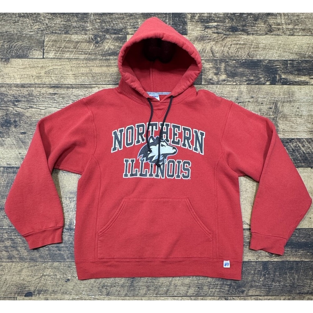 Vintage Russell Athletic Hoodie Mens M Red Northern Illinois Logo‎ Sweatshirt
